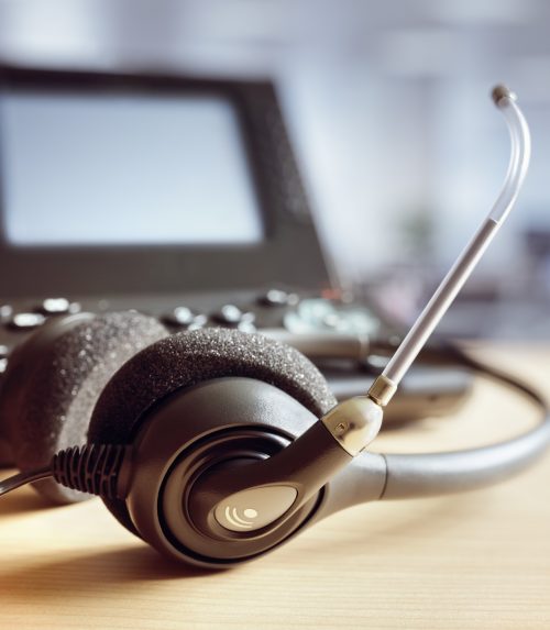 VOIP headset headphones and telephone concept for communication, it support, call center and customer service help desk